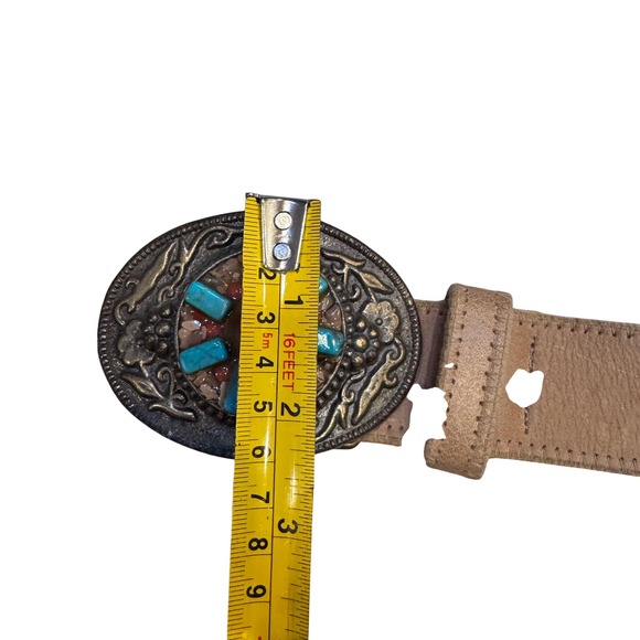 Elite Vintage Oval Turquoise & Amber Inlay Suede Leather Belt M Women's - Picture 6 of 10